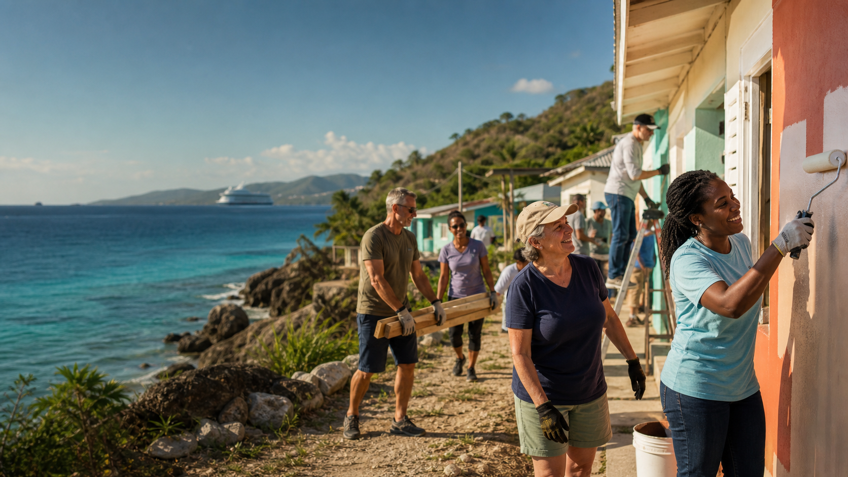 Travelers and local partners painting and improving a community building by the Caribbean sea