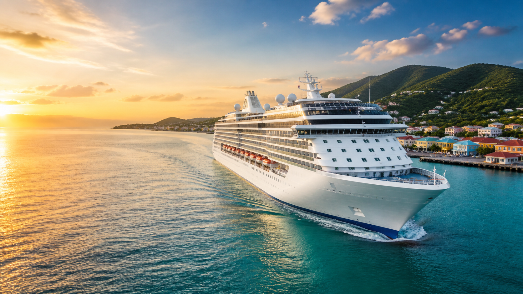 A white cruise ship sailing into a Caribbean island harbor at sunrise